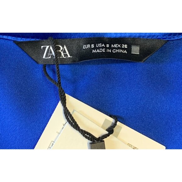 Zara Womens Royal Blue Satin Tie-Front Dress Small Mini V Sheath Sexy New - Picture 7 of 10